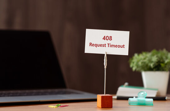 Modern technology concept of 408 Request Timeout on card with laptop, clips. Digital innovation and connectivity visualization.