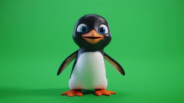Adorable Baby Penguin 3D Character Animation Isolated on Green Screen Background