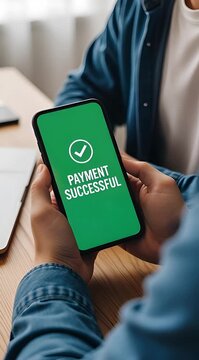 Successful online payment on smartphone screen with green checkmark and text