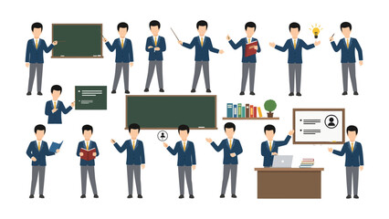 Teacher in Classroom Setup: A set of illustrations depicts a teacher in various poses and interactions within a classroom environment, emphasizing education and guidance.
