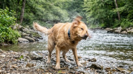 Fototapeta premium Golden Retriever Shaking Off Water in a Creek.