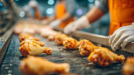 Workers in protective gear process fried chicken drumsticks on a conveyor belt within an industrial food production facility.
