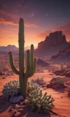 A lone cactus stands against a fiery sky with a crescent moon hanging low over an alien landscape , ,  planet,  landscape