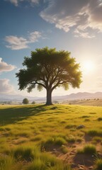 Fototapeta premium A lone tree in a vast meadow basks in the warm sunlight under a brilliant clear sky, outdoor, lush green, solitude