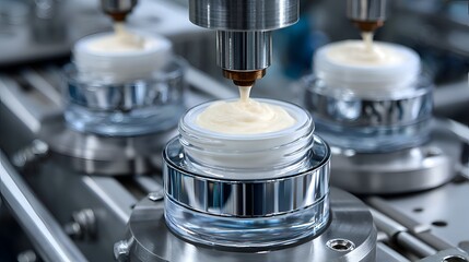 Cosmetic cream is precisely dispensed into jars on a modern, automated manufactu line, showcasing precision and efficiency.