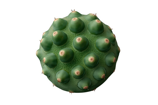 Green spherical succulent plant with numerous raised tubercles and small brown spines on a transparent background