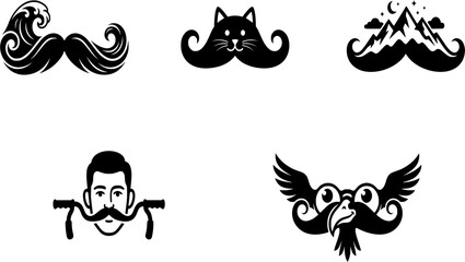 Obraz premium A collection of five unique and humorous vector mustache designs. The set includes a mountain-shaped mustache, a cat-shaped mustache, an ocean wave mustache, a bicycle handlebar style,