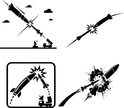 A set of four black and white vector illustrations depicting missiles and interceptor missiles colliding in mid-air.