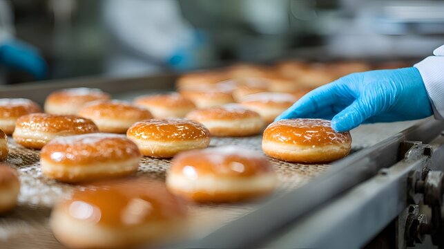 A factory worker in blue gloves inspects glazed donuts moving on a conveyor belt in a commercial food production facility environment.