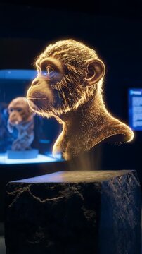 A gold colored monkey head is on a pedestal