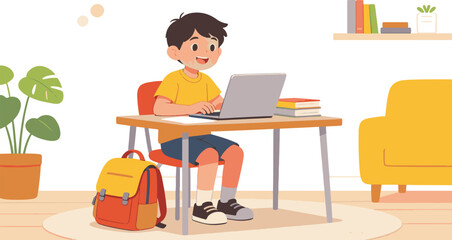 Fototapeta premium Little Boy Using Laptop for Online Schooling at Desk