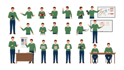 Businessman Poses Collection: a set of diverse illustration capturing various poses and activities of a businessman in different work scenarios. 