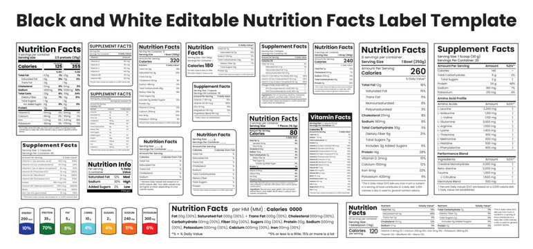 Editable Nutrition Facts and Supplement Facts Label Vector Set for Food Packaging, Black and White Nutrition Panels, FDA Style Nutrition Information Tables and Product Label Templates Collection