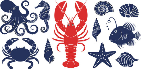 Marine Life Silhouette Collection with Lobster Crab Octopus Seahorse Fish and Seashells for Ocean Theme Designs Nautical Vector Illustration Set © Selim Studio