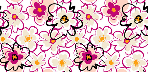 Obraz premium Hand draw doodle flowers pattern. Seamless abstract pattern design in vector