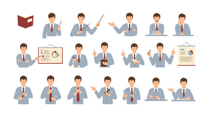 Professional Presentation Set: A comprehensive collection of illustrations, capturing a business person in various poses. perfect for corporate communications and educational materials.