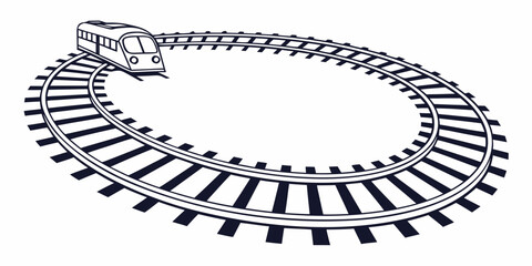Black and white illustration of a train on curved railroad tracks © Mamun