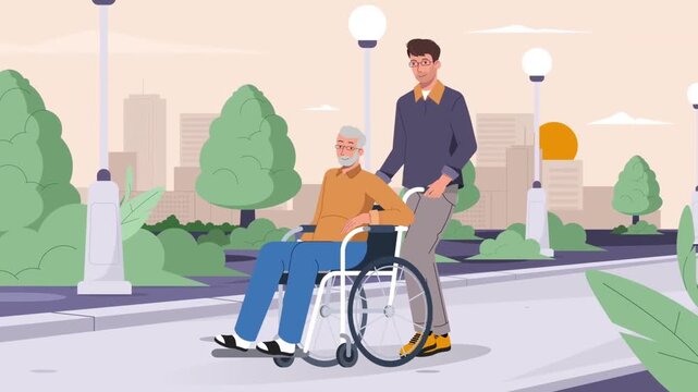 Caregiver Pushing Senior Man in Wheelchair Through Park