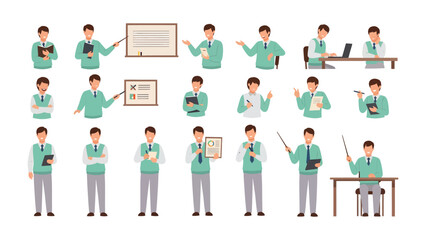 Teacher's Variety: A set of cartoon illustrations presents a teacher in various poses, from presenting information to working at his desk. A versatile collection.