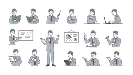 Fototapeta premium Business Professional Poses: A series of illustrations capturing a professional in various business scenarios, suitable for depicting workplace dynamics and presentations.