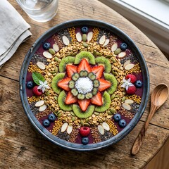 Beautifully arranged a&ccedil;a&iacute; or smoothie bowl with fresh fruits, granola, nuts, and seeds, showcasing a healthy and colorful breakfast.