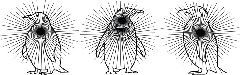 Obraz premium Penguin Line Art Illustration Set with Radiating Sunburst Background, Minimal Monochrome Wildlife Bird Design for Logo, Tattoo, Emblem, and Vintage Badge