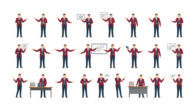 Business Presentation Expressions: a collection of diverse illustrations showcasing a person in various poses, gestures, and contexts for a business or educational presentation.