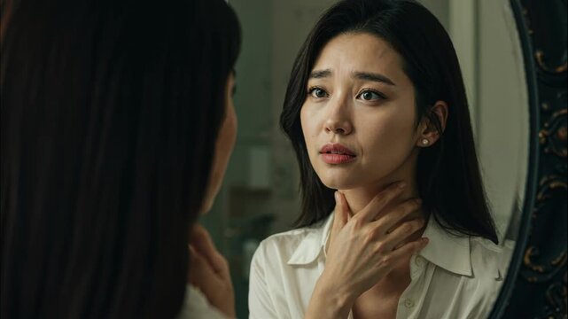 Self-Reflection: A woman gazes intently at her reflection in an ornate mirror, capturing a moment of introspection, self-awareness, and contemplation. 