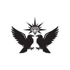 Obraz premium Black silhouette poster features two birds facing each other under a diamond star.