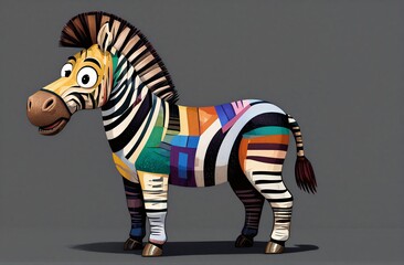 Fototapeta premium Colorful zebra with playful expression stands against gray background