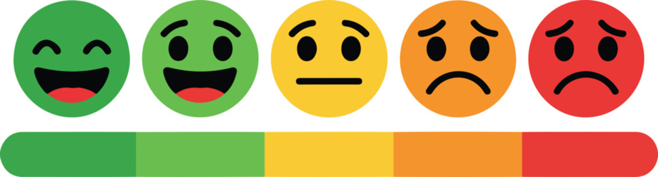 colorful expressive emoji faces with a progress bar for customer satisfaction rating and feedback survey concepts.