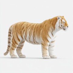 Obraz premium Realistic 3D Model of a Striped Tiger Standing Proudly on a White Background for Nature and Wildlife Themes