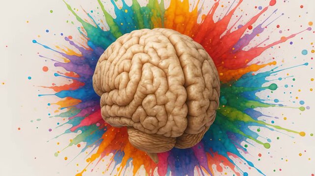 Mindful Creativity: A vibrant visual representation of the human brain erupting in a colorful explosion, symbolizing the power of creativity and imagination