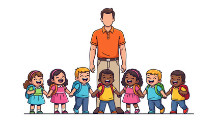 School Embrace: A teacher stands proudly with a line of happy children, united in a shared sense of joy. The illustration captures a moment of connection and togetherness. © Abu
