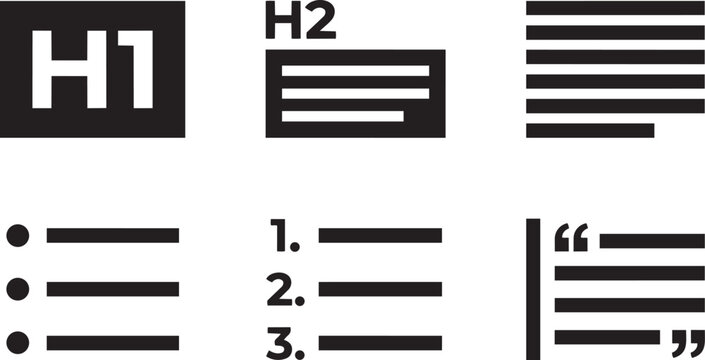 UX/UI Typography Wireframe Symbols and Text Placeholder Elements Solid Black Vector Silhouette Icon Set for Prototyping