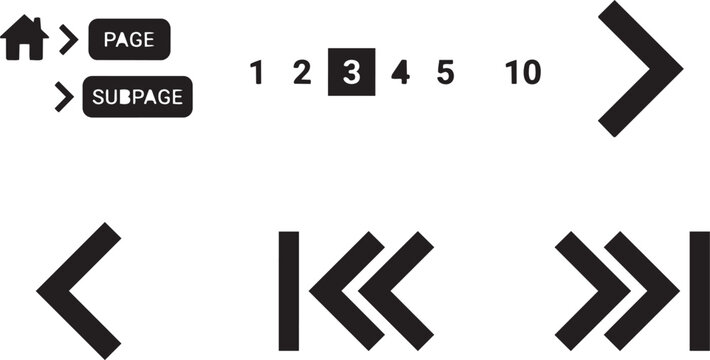 UX/UI Breadcrumb Navigation and Pagination Symbols Wireframing Elements Solid Black Vector Silhouette Icon Set for Prototyping