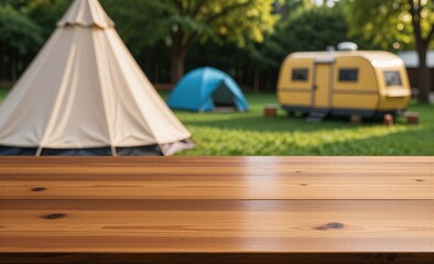 Campsite with teepee tent and trailer blurred in background behind