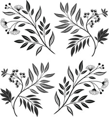 Botanical branch silhouettes with leaves berries
