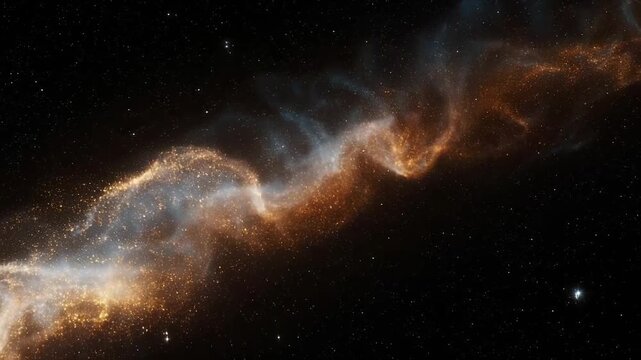 A sinuous ribbon of interstellar dust and gas glows in orange and blue against a star-studded black backdrop, its wispy filaments twisting through space like a cosmic wave.