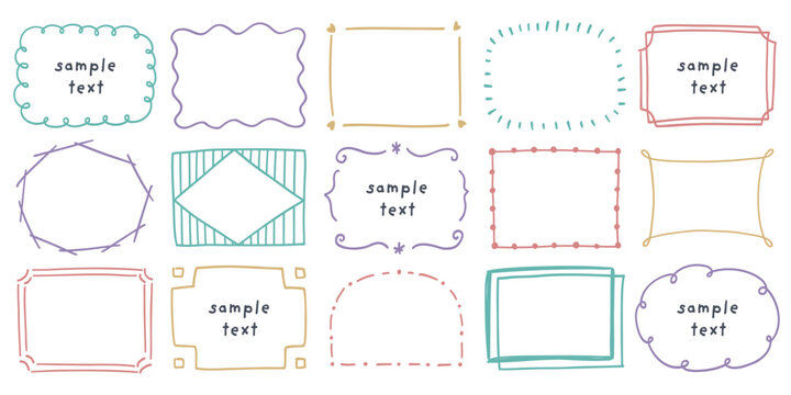 Hand drawn pastel color doodle frame set , Cute decorative borders collection/カラフルな手描きのフレームセット、細いペンで描いた飾り枠