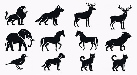 Fototapeta premium Domestic and Wild Animal Silhouette Vector Icon Set