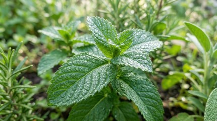 Close-up of vibrant green mint plant with water droplets in garden.
