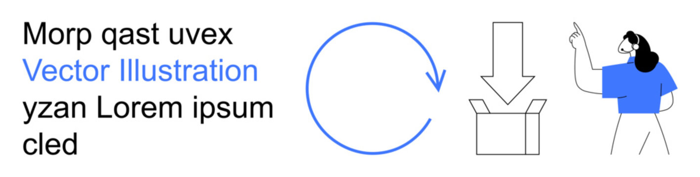 Workflow, digital download, delivery process, user instructions, minimal design, process visualization. Circular arrow, open box and woman pointing. Workflow and digital download
