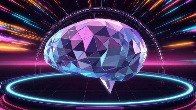 多面体の脳をネオンの円弧と地平グリッドで描くレトロフューチャー表現