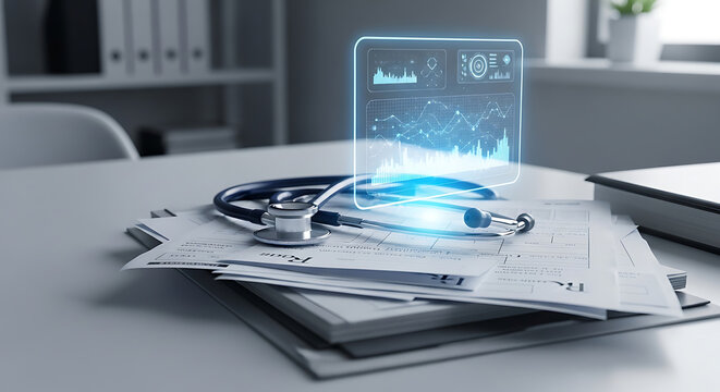 A stethoscope and medical papers on a desk with a digital health interface