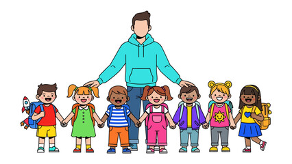 Teacher's Embrace: A caring teacher stands behind a line of diverse, smiling children, hands interlocked, embodying a scene of unity, care, and the warmth of a nurturing environment. © Rahimatul