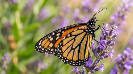 Fototapeta premium Monarch Butterfly Perched on Lavender Flowers in Sunlight.