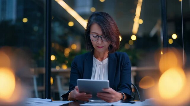 女性が夕方の会議室で紺色ジャケットと眼鏡で資料を確認し穏やかに微笑む