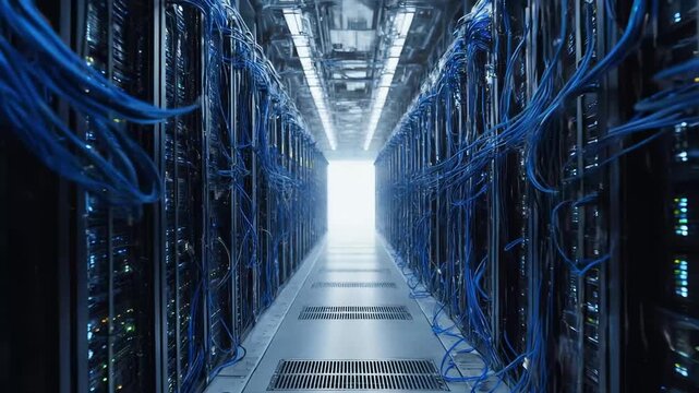 A long aisle runs between towering server racks in a data center, dense blue network cables threading through equipment, blinking LEDs and metallic panels leading toward a bright, white exit glow.