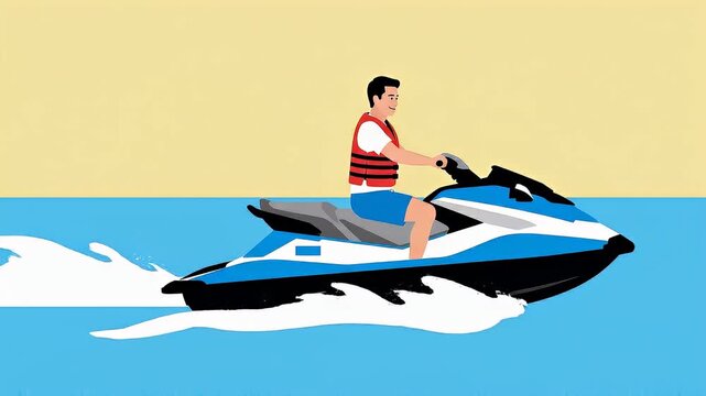 Animated Jet Ski Adventure with Young Man Speeding Across Crystal Blue Ocean in Vibrant Summer Scene
